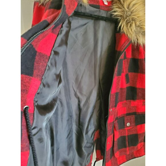 Bongo Jacket Women's Large Red and Black Flannel plaid fake fur coat jacket - Picture 4 of 8
